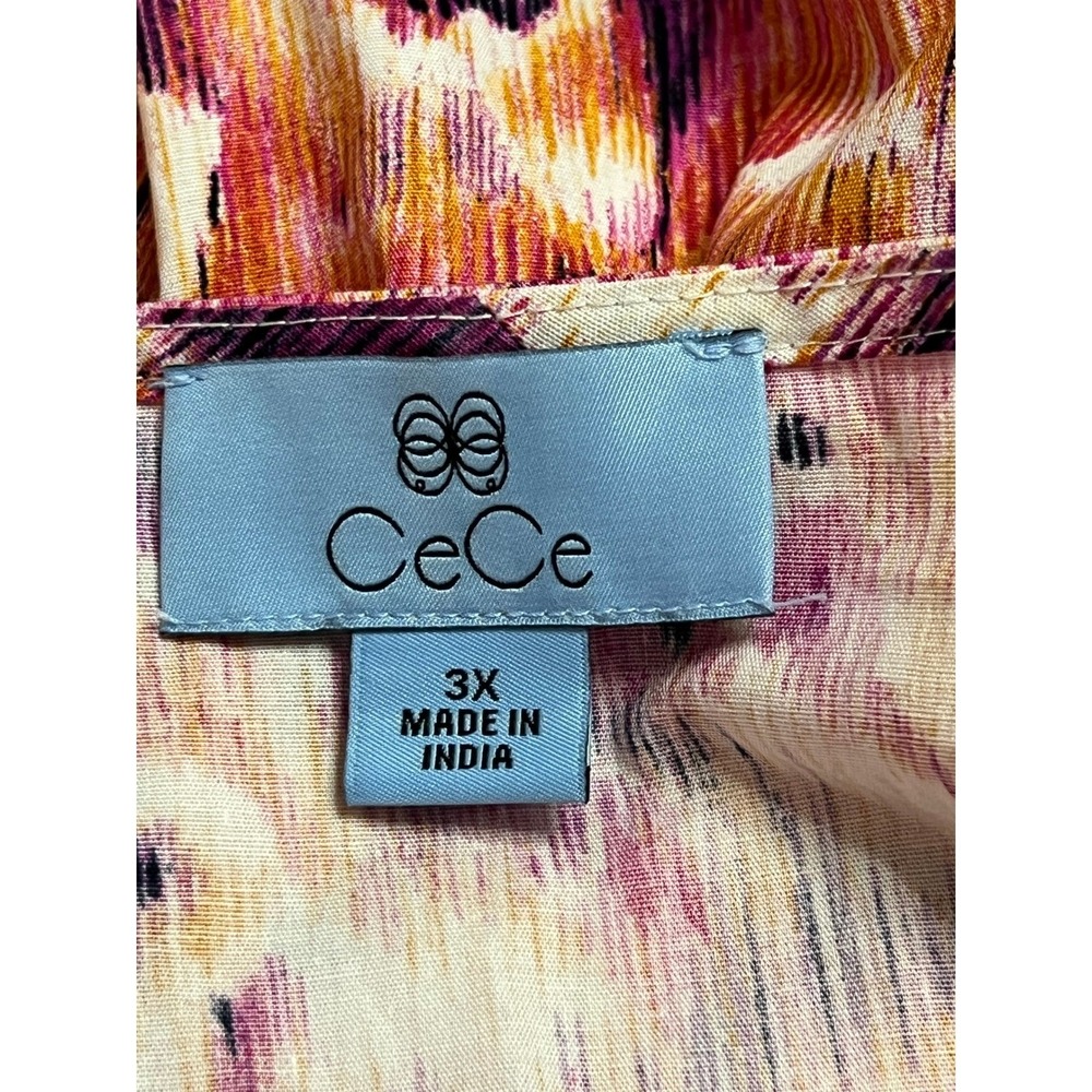 CeCe Puff Sleeve Top Womens 3X Pink Orange Floral V-Neck Abstract Feminine NEW - Picture 2 of 7